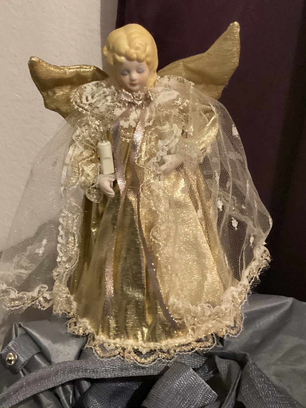 Vintage Roman Inc. 9” Light Up Gold Angel Tree Topper with Lace Cape
